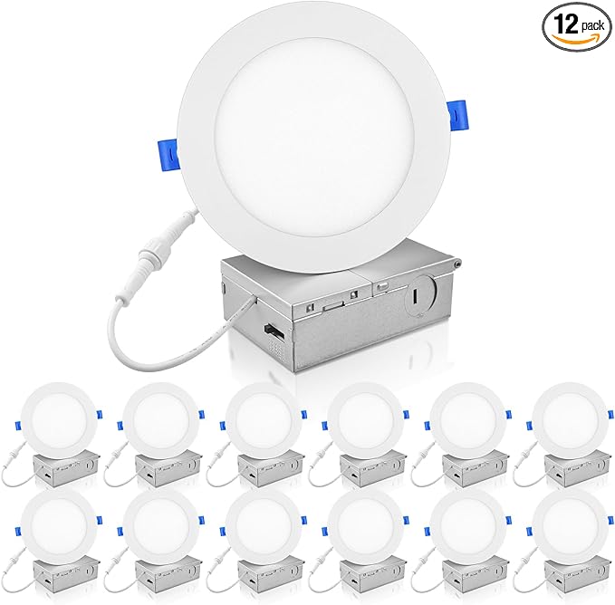 ECOELER 12 Pack 6 Inch Slim LED Recessed Lighting with Junction Box, 12W 1100Lm, 4000K Cool White, Dimmable LED Ceiling Downlights, High Brightness Wafer Lights, ETL & FCC