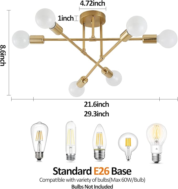 Semi Flush Mount Ceiling Light Fixture, 6 Lights Modern Sputnik Chandelier Ceiling Lamp with E26 Bulb Base, Light Fixtures Ceiling Mount for Bedroom Kitchen Living Room Hallway (Gold)