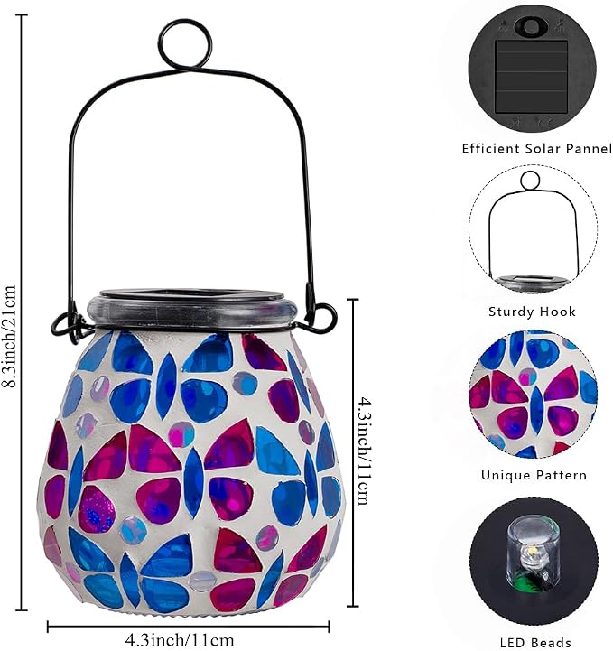 Stargarden 4 Pack Mosaic Solar Lanterns, Glass Hanging Lantern Waterproof Outdoor Hanging Solar Lights Butterfly Decorative Lantern for Garden ,Patio,Yard Decor