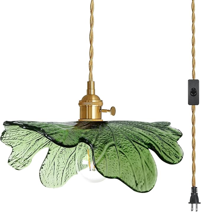Plug in Pendant Light Green Glass Pendant Lighting 14.75ft Hanging Light with Plug in Cord 1-Light Hand Blown Brass Pendant Light Plug in Hanging Lamp for Kitchen Bedroom Living Dining Room