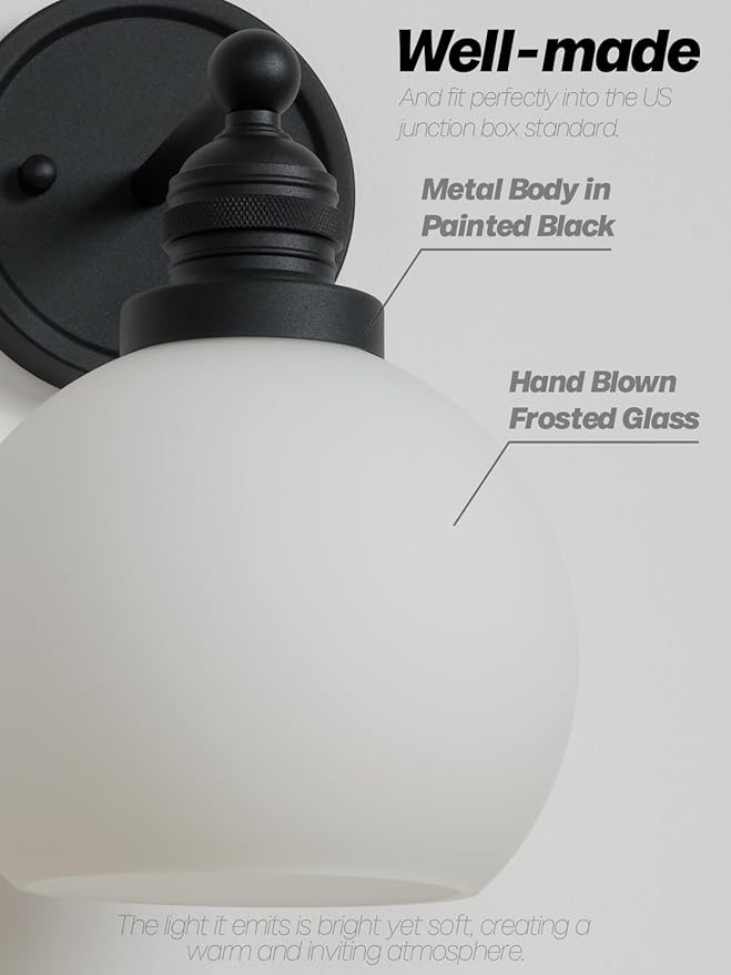 Wall Sconce Black Bathroom Light Fixtures with Milk Glass Modern Vanity Lights Vintage Sconces Wall Lighting for Living Room Bedroom Hallway Stairway E26 Hardwire