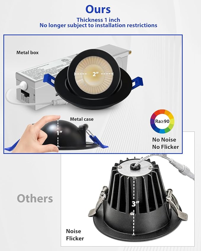 Adetu 2 Inch 5CCT Gimbal Black Led Recessed Lighting with Junction Box, 360°+90° Adjustable Recessed Lights, 2700K/3000K/3500K/4000K/5000K Selectable, 5W Eqv 50W, 550LM Brightness - ETL(Black, 4 Pack)