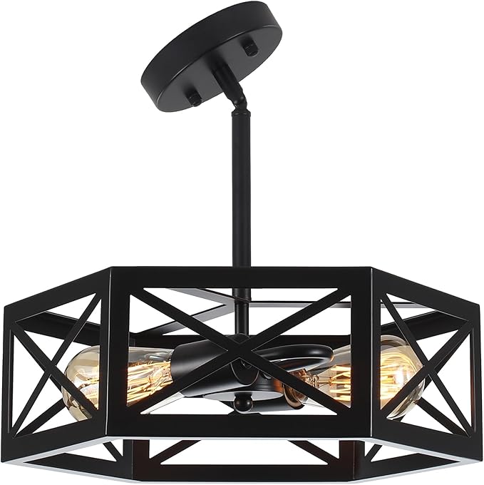 Semi Flush Mount Ceiling Light, Sloped Ceilings Lights Fixtures, Black Farmhouse 2-Light Chandelier, Adjustable Height Metal Lighting for Kitchen Dining Room Entryway Foyer Hallway