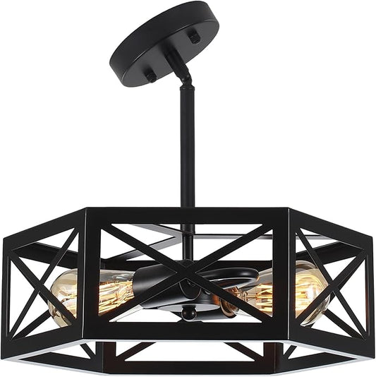 Semi Flush Mount Ceiling Light, Sloped Ceilings Lights Fixtures, Black Farmhouse 2-Light Chandelier, Adjustable Height Metal Lighting for Kitchen Dining Room Entryway Foyer Hallway