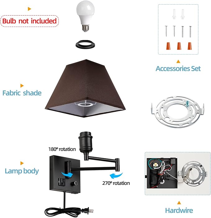 Swing Arm Wall Lamp.Plug in Wall Sconces with USB Port and AC Outlet.Sconces Wall Lighting Coffee Fabric Shade with Dimmable Switch for Hallway Bedroom Living Room.Black Finish.