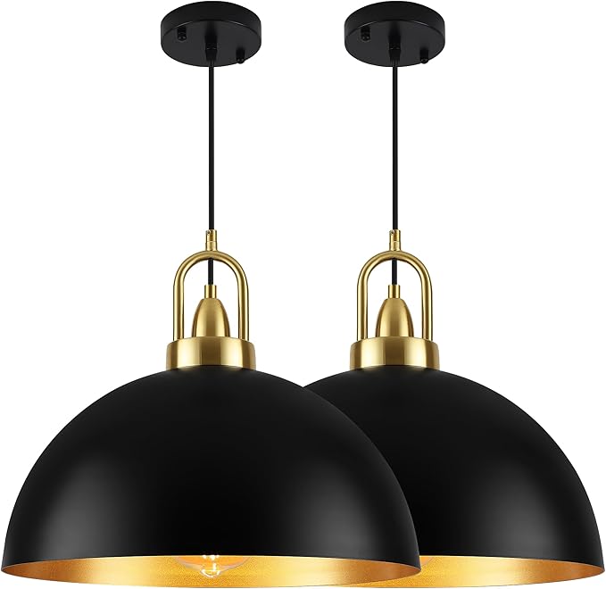 16'' Large Black Pendant Lights for Kitchen Island Lighting, 2-Pack Modern Farmhouse Industrial Dome Hanging Ceiling Pendant Lighting Fixture for Dining Room, Bar, Living Room