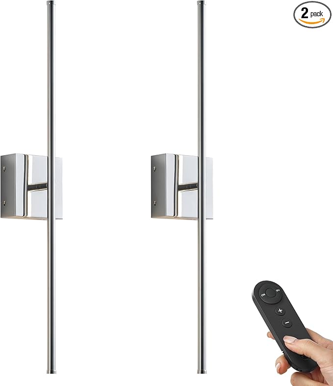KARTOOSH Battery Operated Wall Sconces with Remote Control, Dimmable Wall Sconces Set of Two, 350°Rotate, 3000K LED Chrome Wireless Wall Light for Living Room, Hallway, Bedroom, 32.2 Inch (2 Pack)