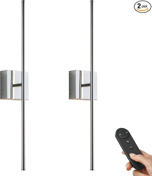 KARTOOSH Battery Operated Wall Sconces with Remote Control, Dimmable Wall Sconces Set of Two, 350°Rotate, 3000K LED Chrome Wireless Wall Light for Living Room, Hallway, Bedroom, 32.2 Inch (2 Pack)