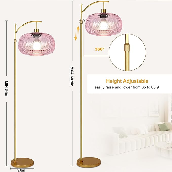 QIYIZM Pink Floor Lamp for Living Room,Bedroom,Gold Dimmable Standing Lamp with Remote,Mid Century Modern Brass Tall Lamp Boho Floor Lamps Arc Stained Glass Flower Floor Light Lamp Girls kids Bohemian