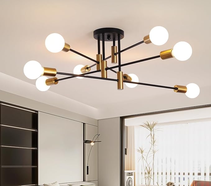 Garwarm 8-Light Black and Gold Sputnik Ceiling Light,Mid Century Semi Flush Mount Sputnik Chandelier Industrial Ceiling Lamp for Kitchen Dining Room Bedroom Foyer Entryway Hallway
