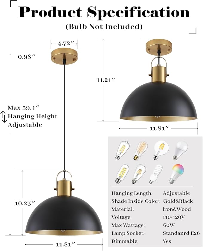 Black and Gold Pendant Light 2 Pack, 11.8 Inch Pendant Lights Kitchen Island, Black Dome Pendant Lights, Island Pendant Light for Kitchen, Dining Room, Living Room