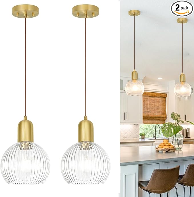 2 Pack Gold Pendant Lights For Kitchen, Modern Pendant Lights Kitchen Island Bathroom Pendant With 7.8" Clear Glass Shade- Dual Mount Ceiling & Hanging Fixtures, Adjustable Cord 11.8-59'' For Decor