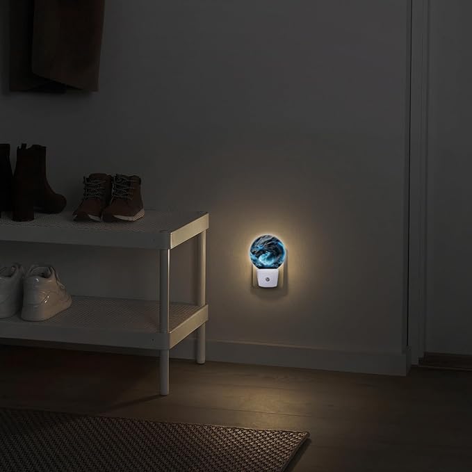Round LED Night Lights Lamp with Dusk to Dawn Sensor, Fierce Dragon with Glowing Blue Eyes Night Light Plug Into Wall for Kids Room, Bedroom, Bathroom, Kitchen, Hallway