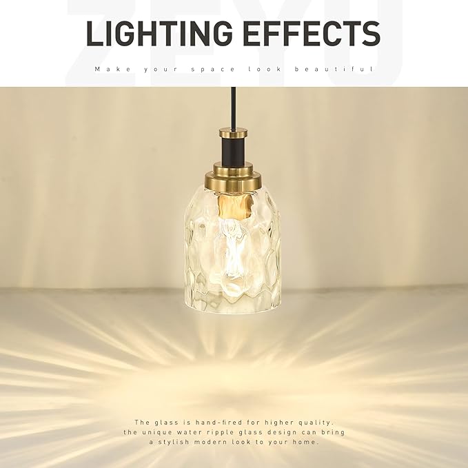 zeyu Glass Pendant Lights Kitchen Island, Kitchen Pendant Lighting Over Island with Water Ripple Glass, Modern Mini Hanging Light, Black and Gold Finish, ZG33M1L BK+BG-WG
