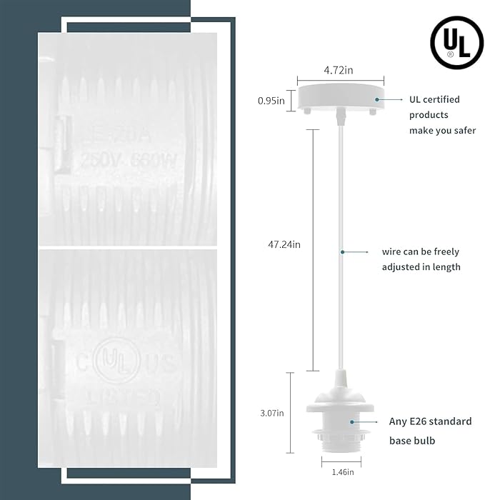 Industrial Mini Pendant Light Kit, Edison Retro Pendant, UL E26 Lamp Socket Vintage Pendant Light Cord, Mini Ceiling Hanging Light Fixtures, Adjustable Hanging Light Kit for Kitchen (White)