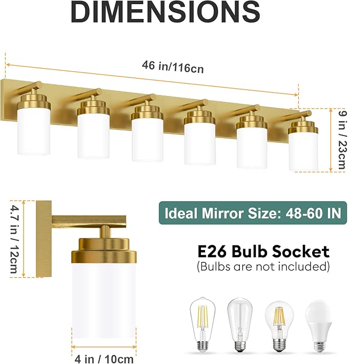 IZORRO Bathroom Vanity Light Fixture, 6-Light 46 Inch Gold Bathroom Light Fixtures Over Mirror, with White Glass Shade, Modern Farmhouse Vanity Lights, Rustic Restroom Lighting Fixtures