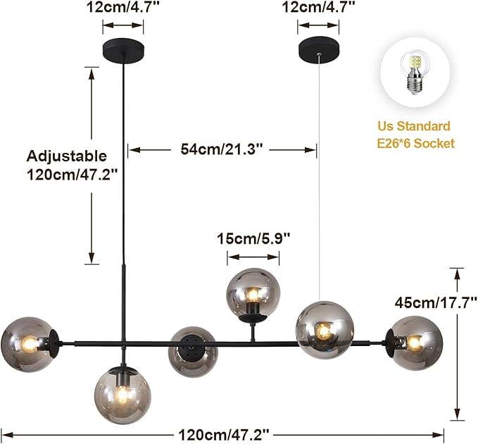 BOKT Mid Century Modern Globe Linear Chandelier Pendant Light Fixture Black Smoke Gray Glass Kitchen Island Pendant Light Dining Room Ceiling Hanging Lamp