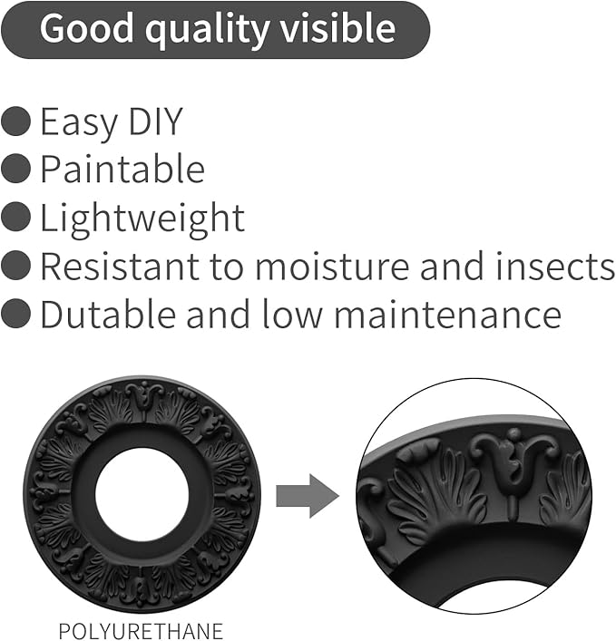 2 PCS Vintage Carved Flower PU Ceiling Medallion for Light Fixtures and Ceiling Fans 10-1/8"OD X 4"ID X 0.8 "P (Black)