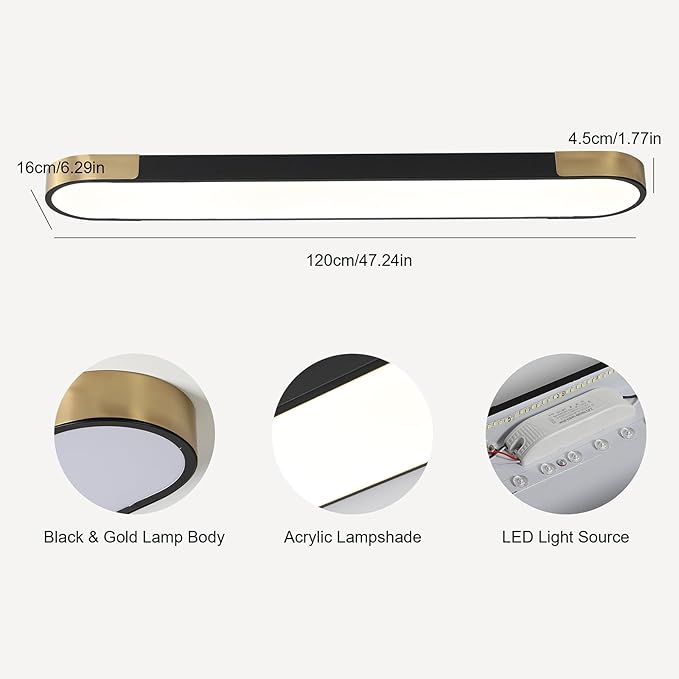 Qcyuui 4FT LED Light Fixture 60W Dimmable Led Ceiling Light Black and Gold Flush Mount Ceiling Light Modern Light Fixtures Ceiling for Kitchen Closet Garage Office Hallway
