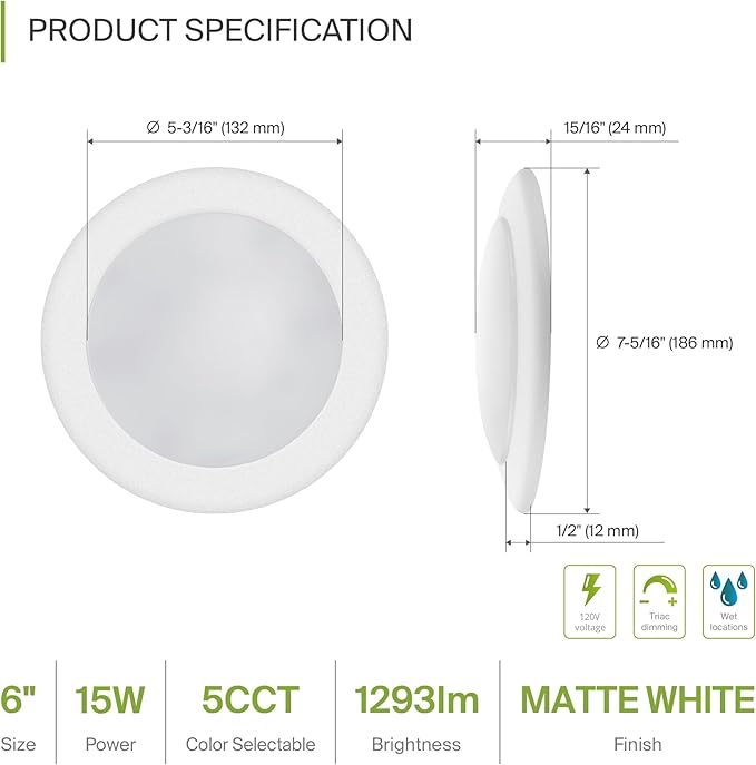 ASD 6 Pack LED Disk Lights 6 Inch, 15W 5CCT 2700K-5000K 1245LM CRI90+, Dimmable Flush Mount Ceiling Light Fixture, Low Profile Surface Mount Disc Lights, Junction Box or Recessed Can Install, ETL