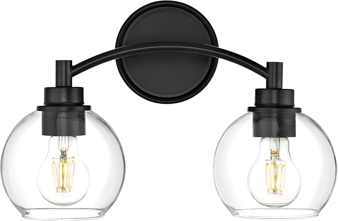 2-Light Vanity Light Fixture Over Mirror,Globe Bathroom Light with Clear Glass,Modern Black Wall Sconce,ZCVL02BK-2