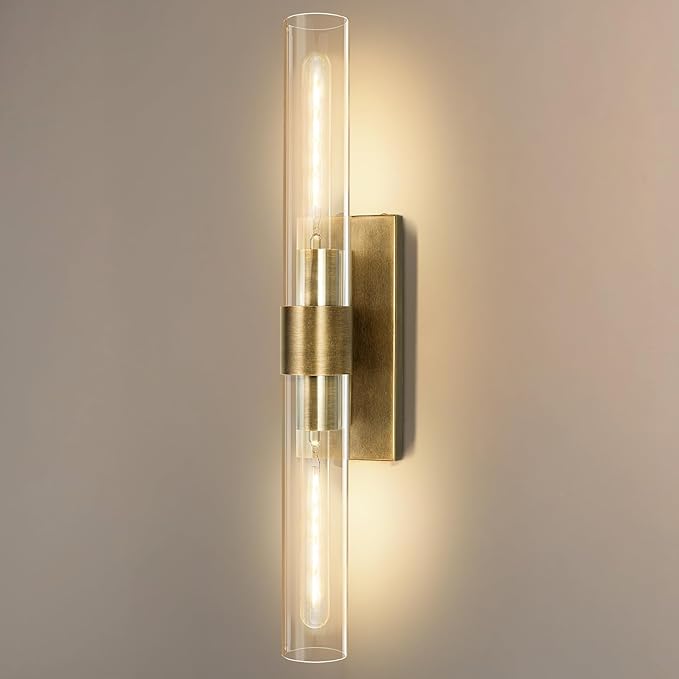 Brass Bathroom Vanity Wall Sconces, 2-Light Glass Tube Wall Sconces, 22.8” Horizontal or Vertical Linear Wall Sconces, Gold Vanity Light, Indoor Wall Sconces, E26 Bulb Included
