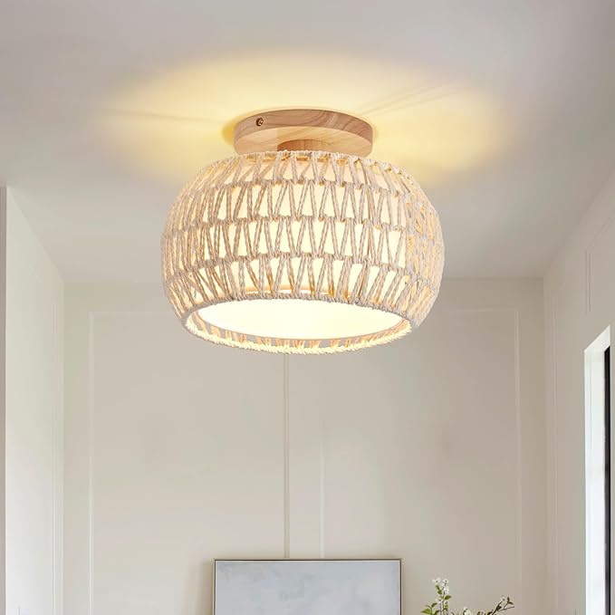 Boho Rattan Ceiling Light Fixture - 3 Style Options Wicker Semi Flush Mount Ceiling Lights,Beige Coastal Light Fixtures,Bohemian Woven Basket Chandelier for Hallway Bedroom Nursery Kitchen Laundry