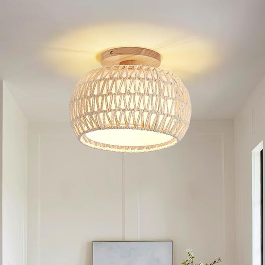 Boho Rattan Ceiling Light Fixture - 3 Style Options Wicker Semi Flush Mount Ceiling Lights,Beige Coastal Light Fixtures,Bohemian Woven Basket Chandelier for Hallway Bedroom Nursery Kitchen Laundry