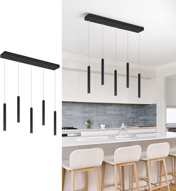 Modern Pendant 5 Light with Adjustable Height - Acrylic Shades & Matte Black Finish Pendant Light, 3000-6000K Dimmable Kitchen Pendant Lighting for Kitchen Island, Dining Room, Bar Counter