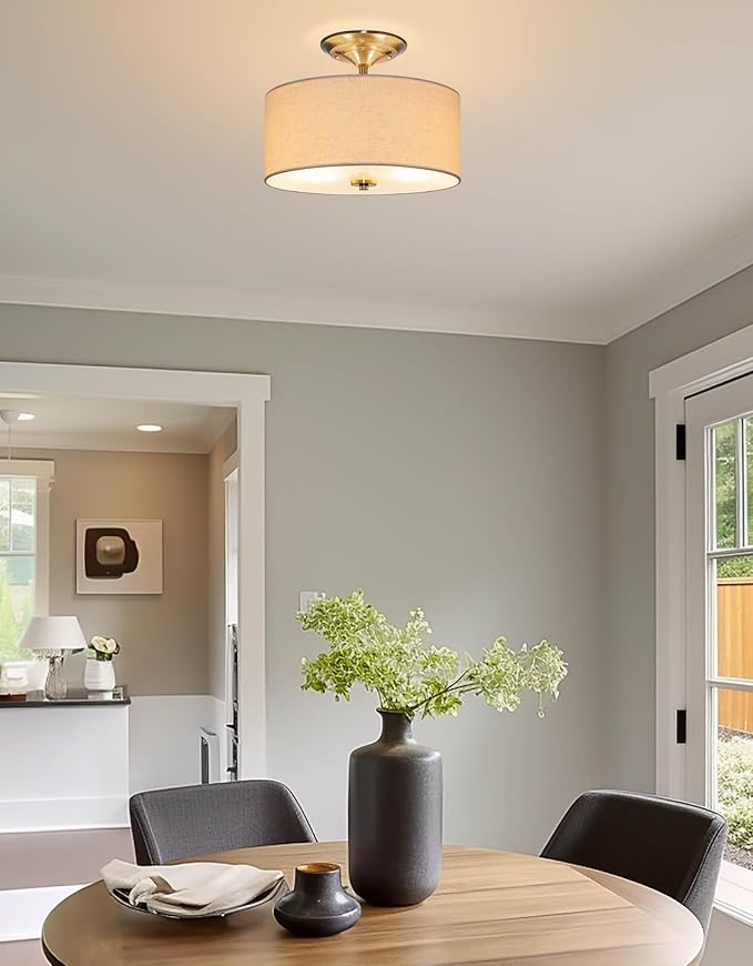 Kira Home Addison 13" Modern Drum Semi Flush Mount with Off-White Fabric Drum Shade, 2-Light Ceiling Light, Cool Brass Finish