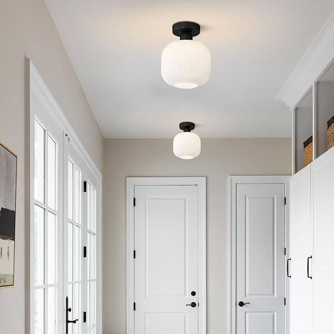 KCO Lighting Modern Farmhouse Black Semi Flush Mount Ceiling Light White Ribbed Glass Flush Mount Ceiling Light Small Hallway Light Fixtures Mid Century Bathroom Ceiling Lighting