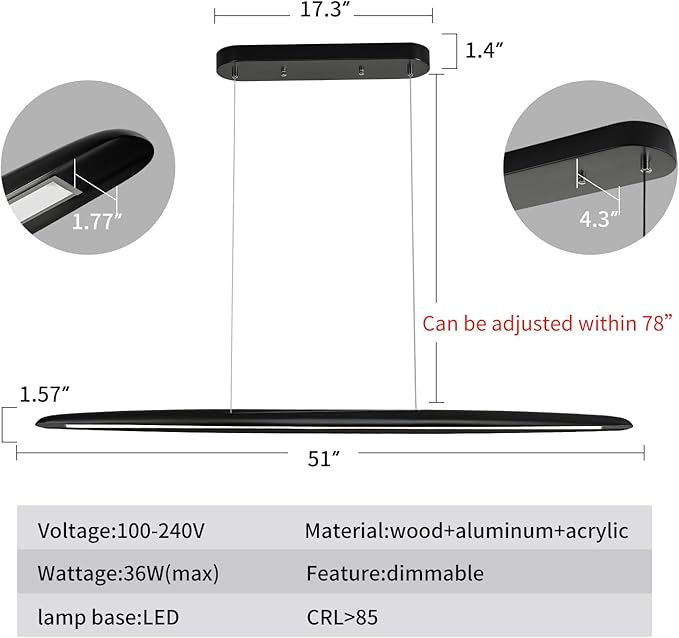 YISDESIGN 39" Wood LED Linear Pendant Light Black Linear Pendant Dinning Room Hanging Lights LED Dimmable Chandeliers 24w for Dining Room Pool Table Lights Kitchen Island Light Black