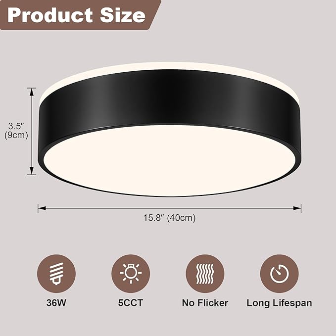 YURNYQ Black LED Flush Mount Ceiling Lights, Modern Dimmable 5CCT Close to Ceiling Light, Simple Overhead Round Kitchen Lighting Fixtures for Bedroom Hallway Entryway Living Room, 15.8 Inch