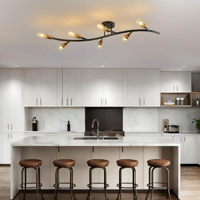 Modern Semi Flush Mount Ceiling Light Fixture for Kitchen Island,Black and Gold 7-Lights Sputnik Chandelier for Living Room,Bedroom,Office(Bulbs Not Included)