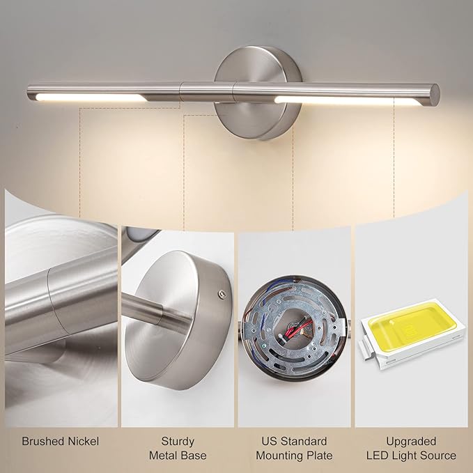 Brushed Nickel Bathroom Light Fixtures Over Mirror 24 Inch, 18W 360° Rotatable Dimmable 4000K LED Vanity Light Bar, Modern Vanity Lights Above Mirror, Led Bathroom Lighting