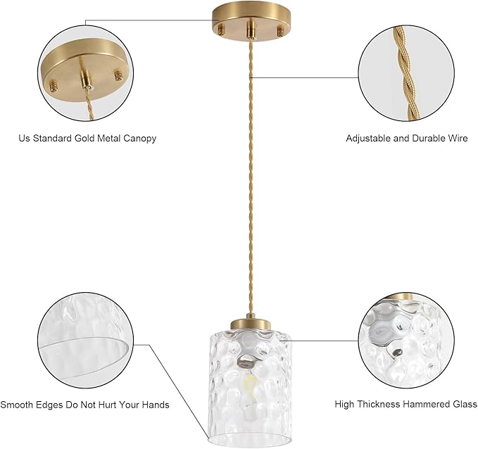 MWZ Gold Pendant Lights Kitchen Island 3 Pack, Modern Hanging Kitchen Pendant Lighting Over Sink with Hammered Glass Shade,Small Chandeliers Fixtures Adjustable Cord Hanging Lighting for Dining Room