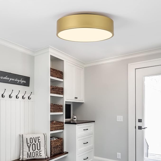 Modern Gold Flush Mount Ceiling Light Fixture,Contemporary 2-Light Round Ceiling Lights with White Acrylic Shade for Hallway,Foyer,Entryway,Closet, Porch,Kitchen(11.8")