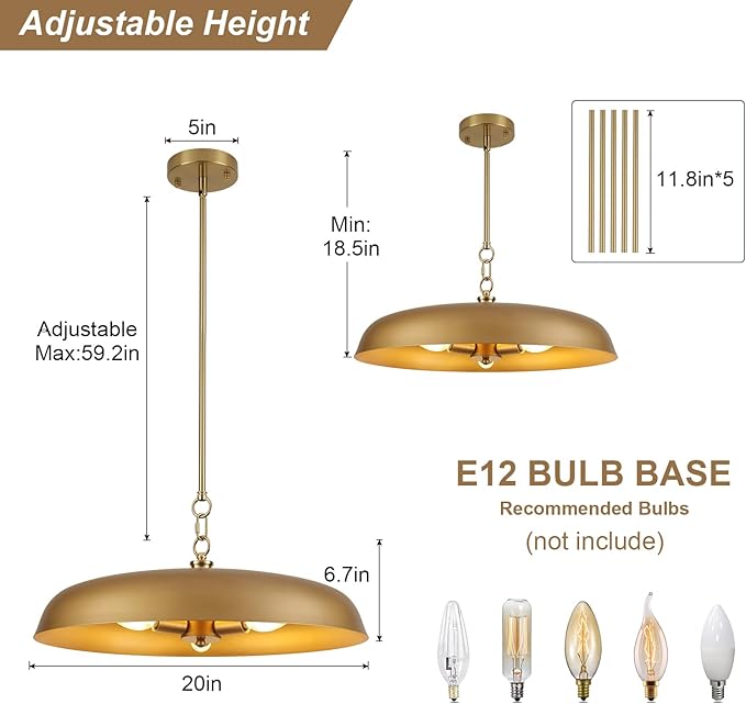 Large Gold Pendant Lights 20 Inch, 3-Lights Modern Brushed Gold Dome Chandelier, Farmhouse Pendant Lighting Fixture Ceiling Hanging Light for Kitchen Island, Dining Room, Cafe, Bar