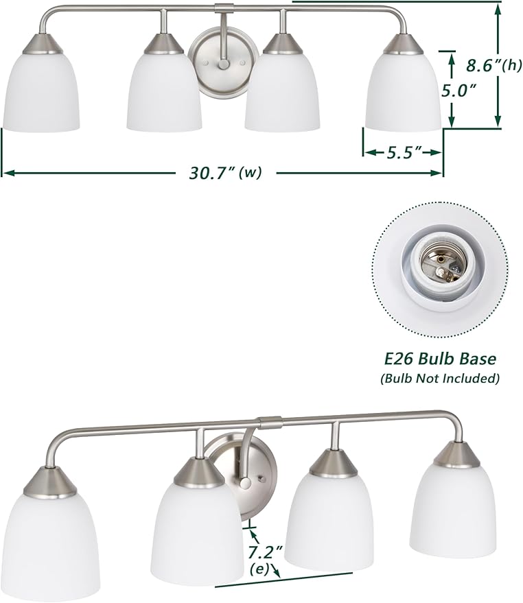 4-Light Traditional Bathroom Vanity Light Fixtures Over Mirror, Modern Vanity Lights for Living Room, Standard E26 Base, Brushed Nickel