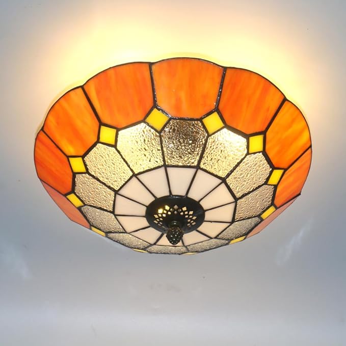 12 Inch Tiffany Style Vintage Stained Glass Ceiling Light Flush Mount Ceiling Light Pendent Chandelier Lighing Fixtures (12 Inch Orange)