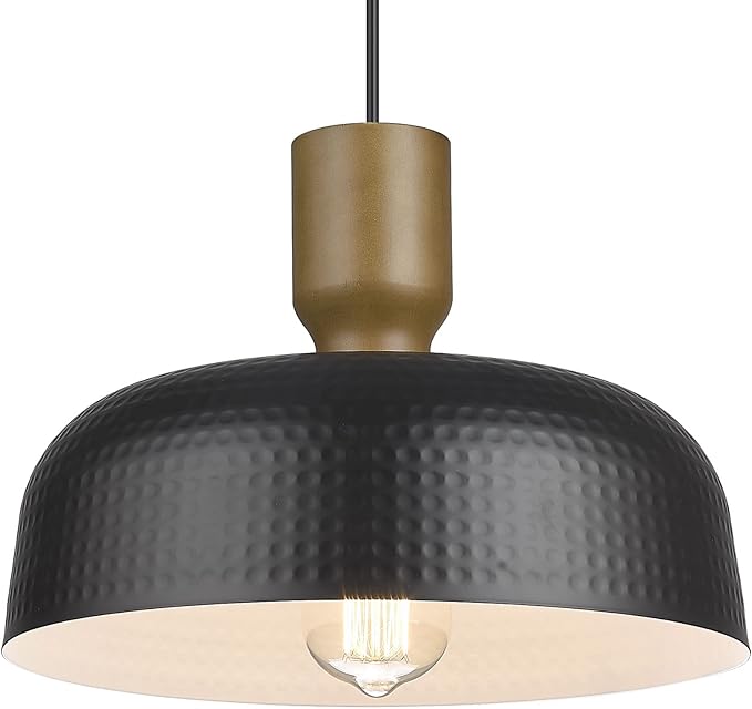 Farmhouse Pendant Lights, Adjustable Hanging Light Fixtures with Hammered Metal Shade, 12.4 inch Pendant Lighting for Kitchen Island, Black