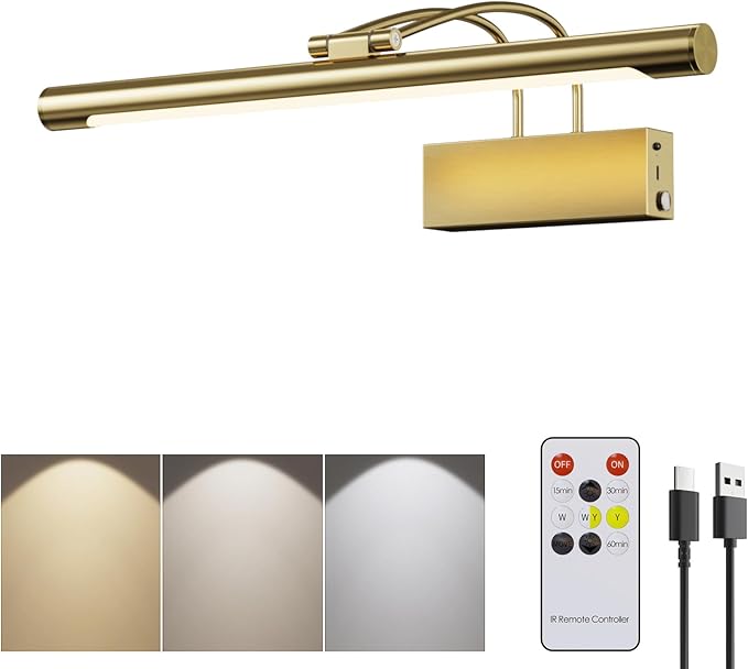 Picture Lights for Wall,16 inch Art Lighting for Paintings Wireless,5000mAh Gallery Lights for Rechargeable,3CCT Dimmable & Timer Cordless Frame Light for Paintings,Canvas,Portrait,Gold