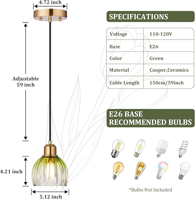 TALOYA Pendant Light with Green Tulip Glass Lampshade, Brass Vintage Pendant Light Adjustable Hanging Light for Kitchen Island Bedroom Dining Room Hallway& Bar