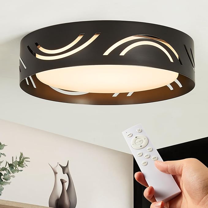 Modern Dimmable LED Flush Mount Ceiling Light with Remote, 2400LM 2700K-6500K Adjustable 12 Inch Bedroom Ceiling Light with Night Light for Kitchen Hallway Bathroom Living Room (Black, Arc