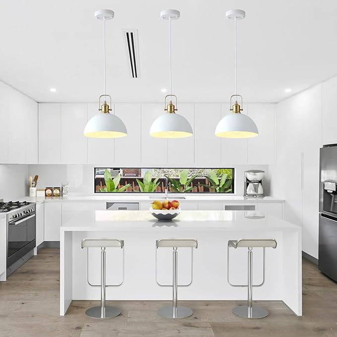 Pendant Lights Kitchen Island 3 Pack, White and Gold Dome Pendant Lighting, Ceiling Hanging Light for Kitchen Living Dining Room Restaurant Hallway Entrance