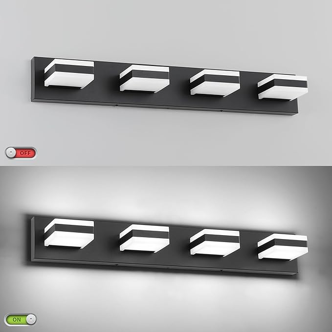 SOLFART Bathroom Light Fixtures, 4 Lights Modern LED Vanity Lights Over Mirror, Matt Black Bathroom Lights Cool Light 6000K
