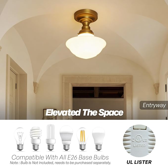 Modern Schoolhouse Semi Flush Mount Ceiling Light with Milk White Glass Lampshade, Industrial Close to Ceiling Light Fixture for Farmhouse Bedroom Hallway Entryway