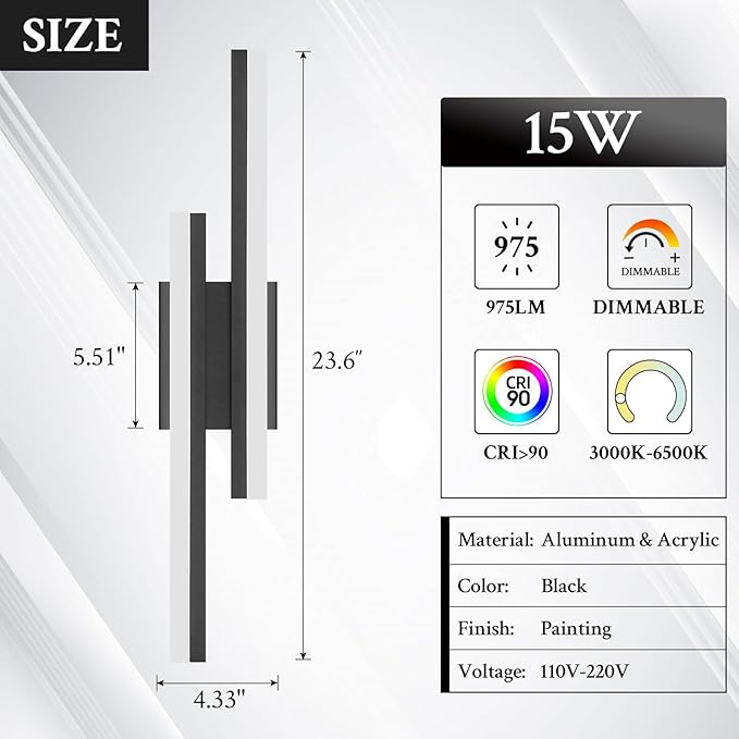 LED Wall Sconce Black Modern Remote Wall Light Fixtures for Living Room, Dimmable LED Vanity Light Indoor Remote Wall Sconce for Bedside Bedroom Bathroom Dining Room, 23.6inch 1 Pack