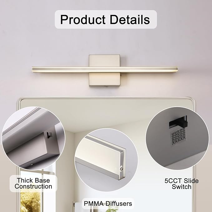 16W LED Vanity Light Bar, 19.6-Inch Brushed Nickel Bathroom Fixture, 5CCT Color Changeable & Dimmable Over-Mirror Lighting