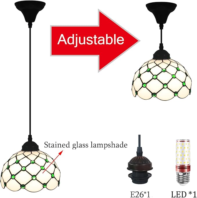 Pendant Lights Green Amber Bead Stained Glass Hanging Lamp Adjustable Lamp for Dinning Room, 8 Inch Hanging Lights for Kitchen, Living Room, Foyer